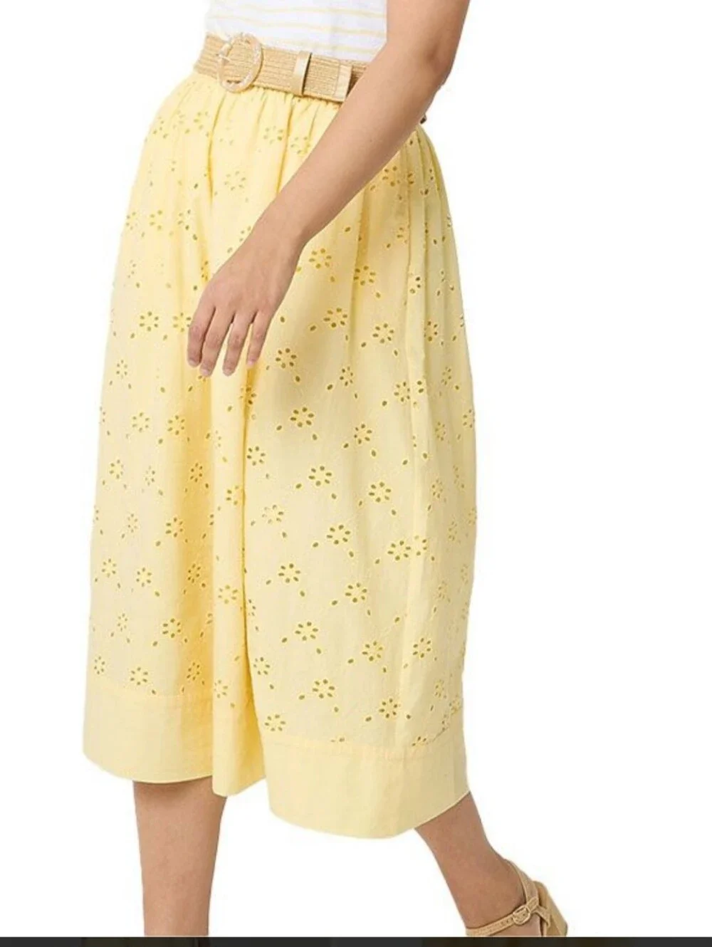 J. Crew 100% Cotton Yellow Eyelet Midi Skirt Pockets Pull On Size Medium